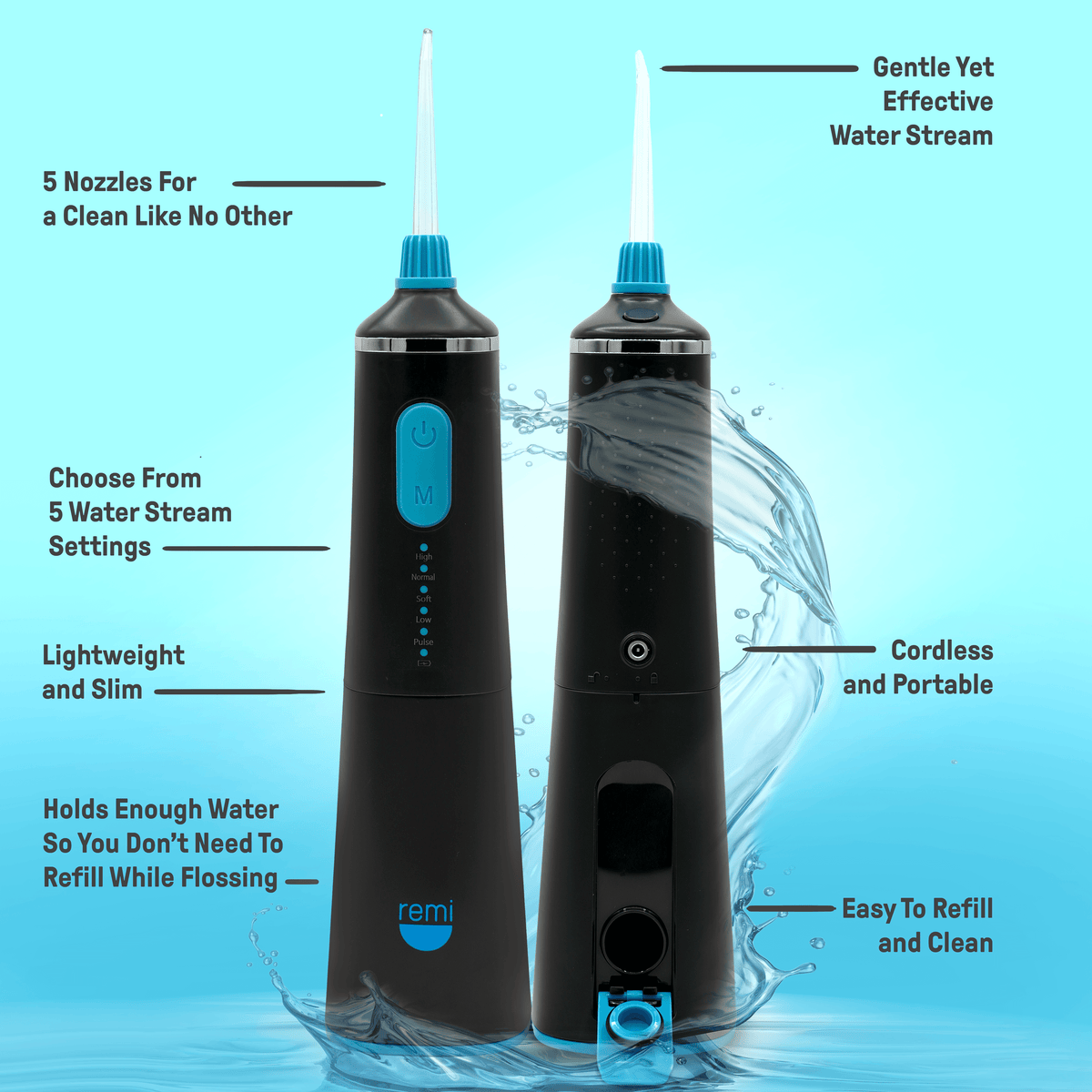 Two Cordless Water Flossers with features highlighted, such as multiple nozzles, adjustable water stream settings for effective plaque removal, lightweight design, and easy refill capability.