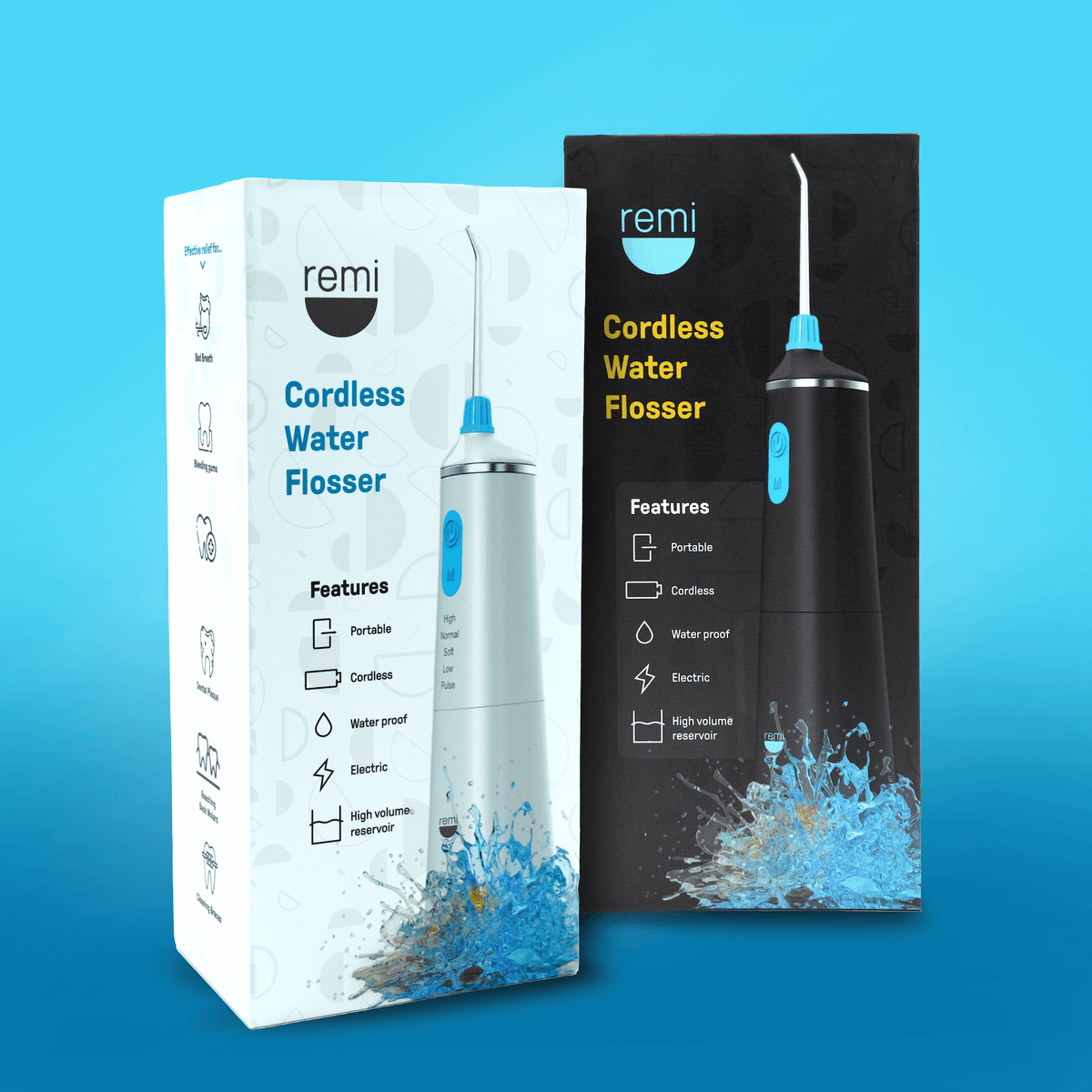 Cordless Water Flosser presentation with features highlighted on packaging, including gum disease prevention and plaque removal.