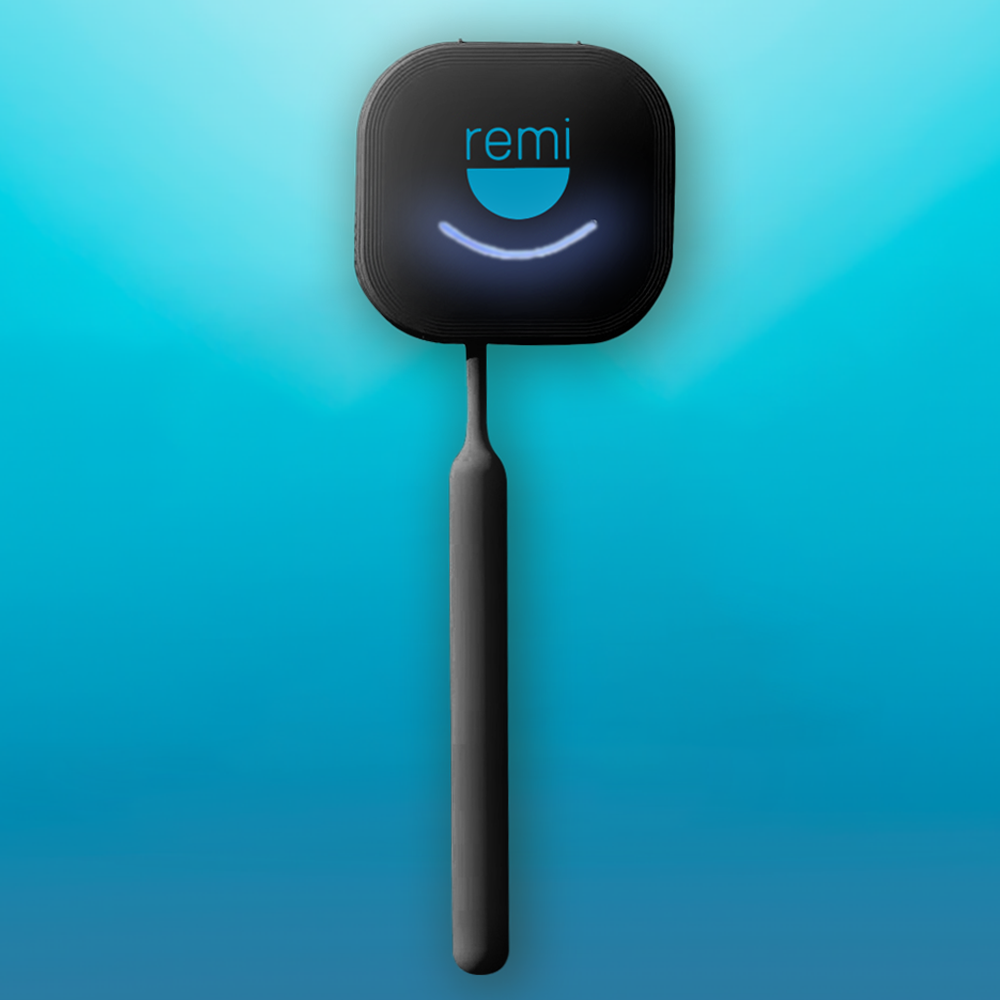A digital device named "remi" with a smiling face on its screen, attached to a long handle, set against a blue gradient background, functions as a UV Toothbrush Sanitizer.