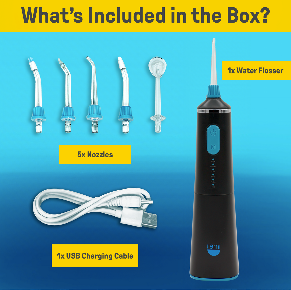 Contents of a Waterpik Cordless Water Flosser package including 1 water flosser, 5 nozzles, and 1 USB charging cable.
