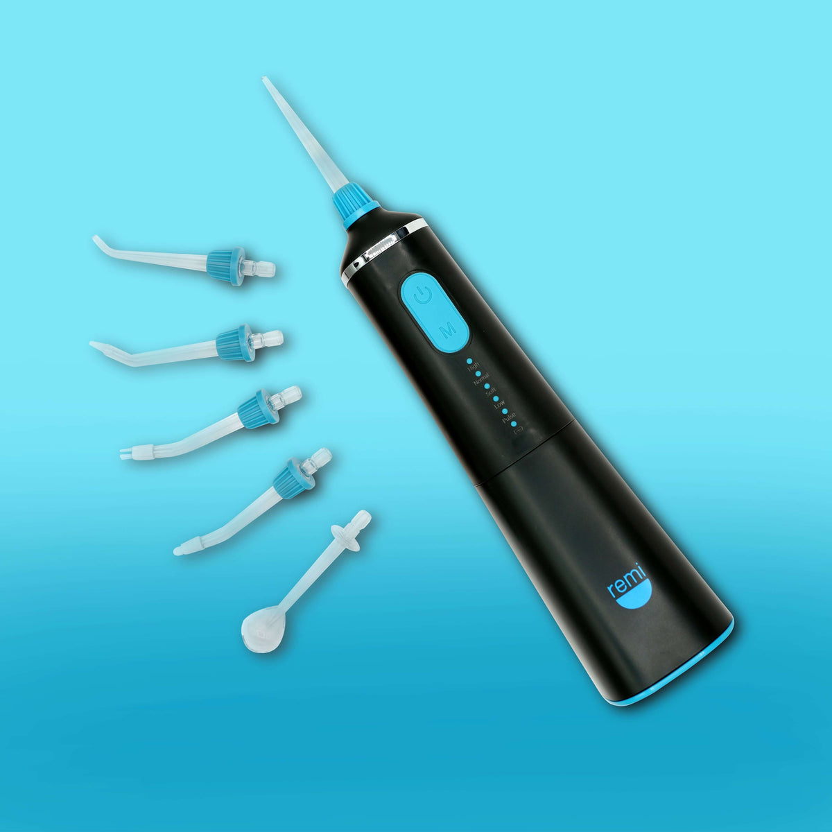 Cordless Water Flosser with multiple nozzle attachments on a blue background, designed for plaque removal.