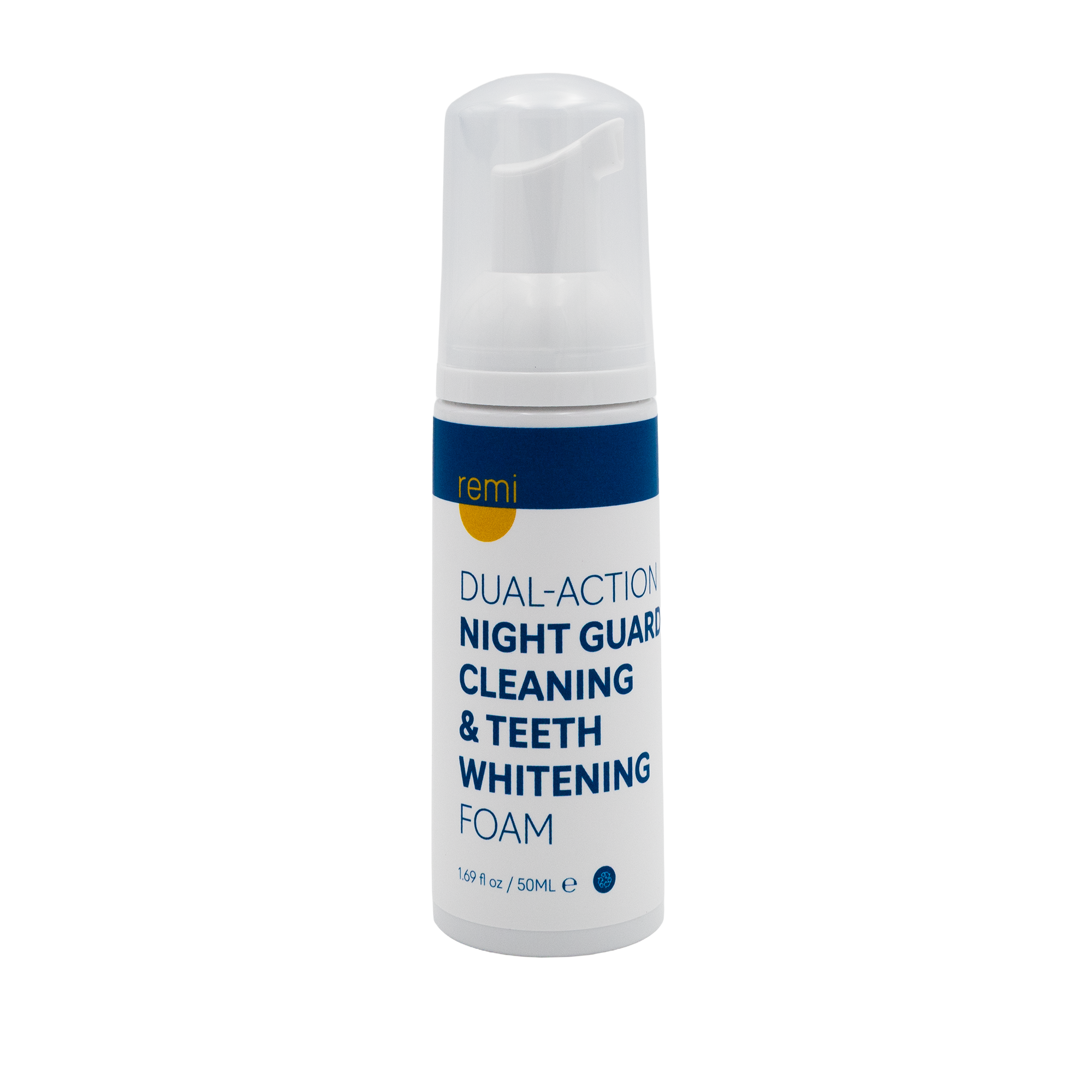 A white bottle of Remi Dual-Action Night Guard Cleaning & Teeth Whitening Foam, 1.69 fl oz (50ml), with a blue label and white pump cap—an ideal tray cleaning solution for custom whitening trays.