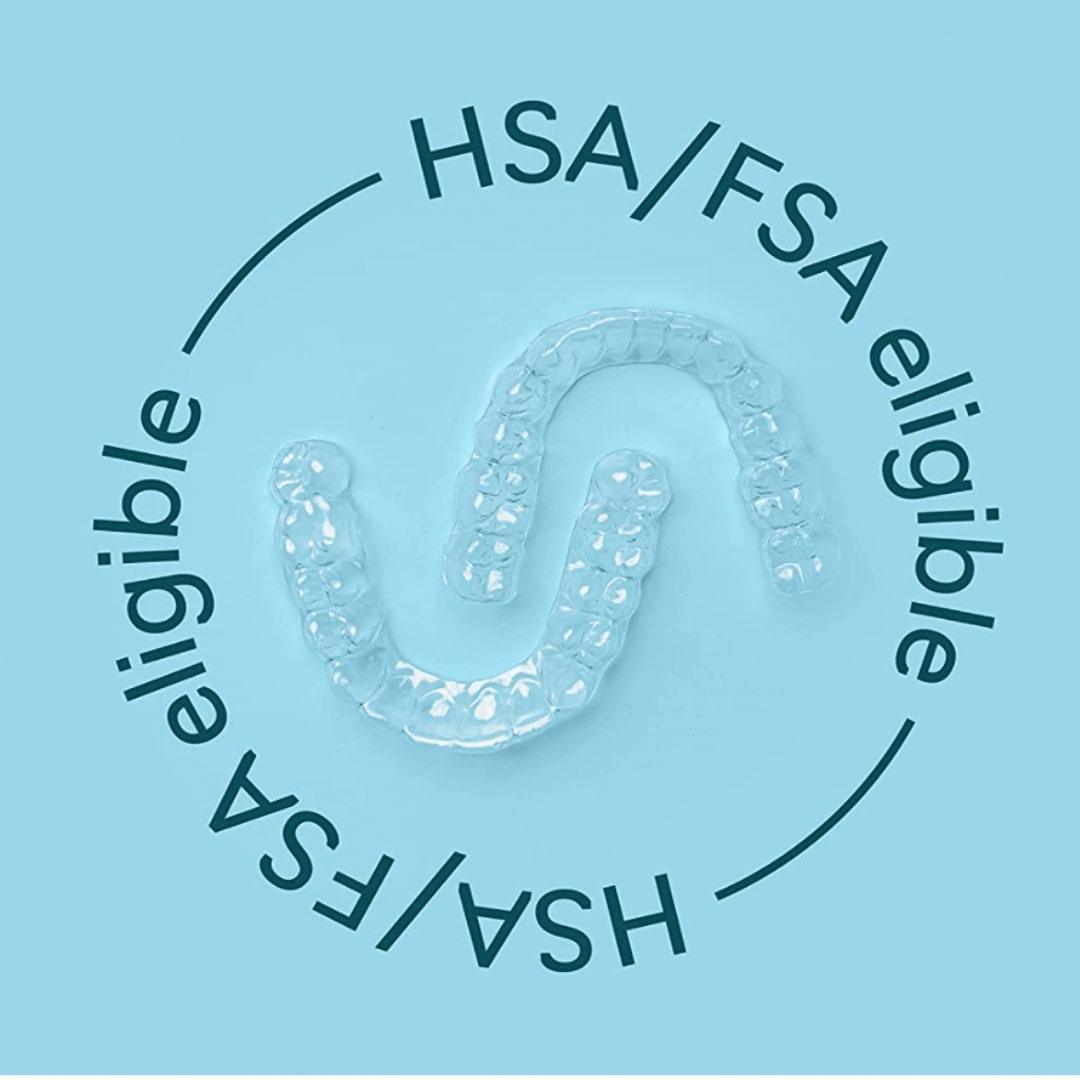 Remi - Custom Mouth Guards positioned on a light blue background with the text "HSA/FSA eligible" encircling them, showcasing their benefit as teeth grinding protection.