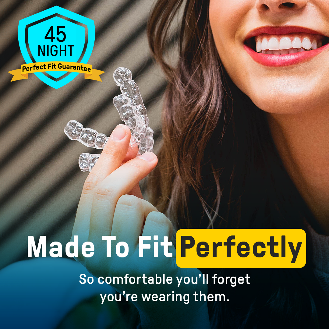 A woman smiles while holding custom night guards made of dental-grade quality materials, with text advertising their perfect fit and comfort.