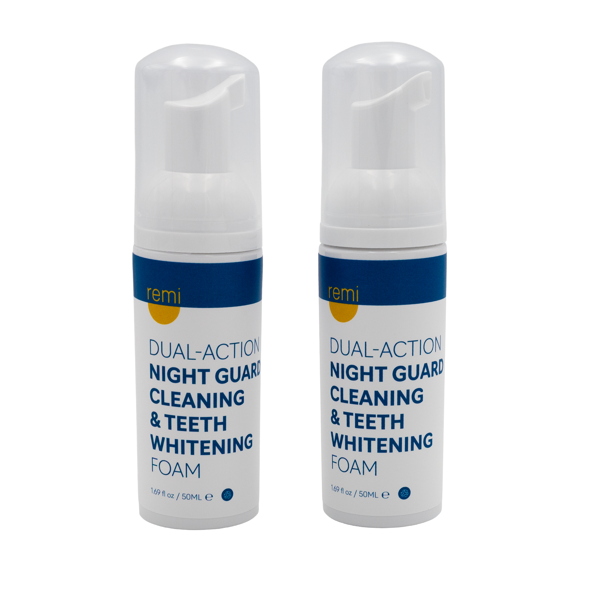 Two bottles of Remi Dual-Action Night Guard Cleaning & Teeth Whitening Foam, perfect for at-home dental care and teeth grinding protection, stand side by side with white bodies, blue and yellow labels, and clear pump caps on a white background.