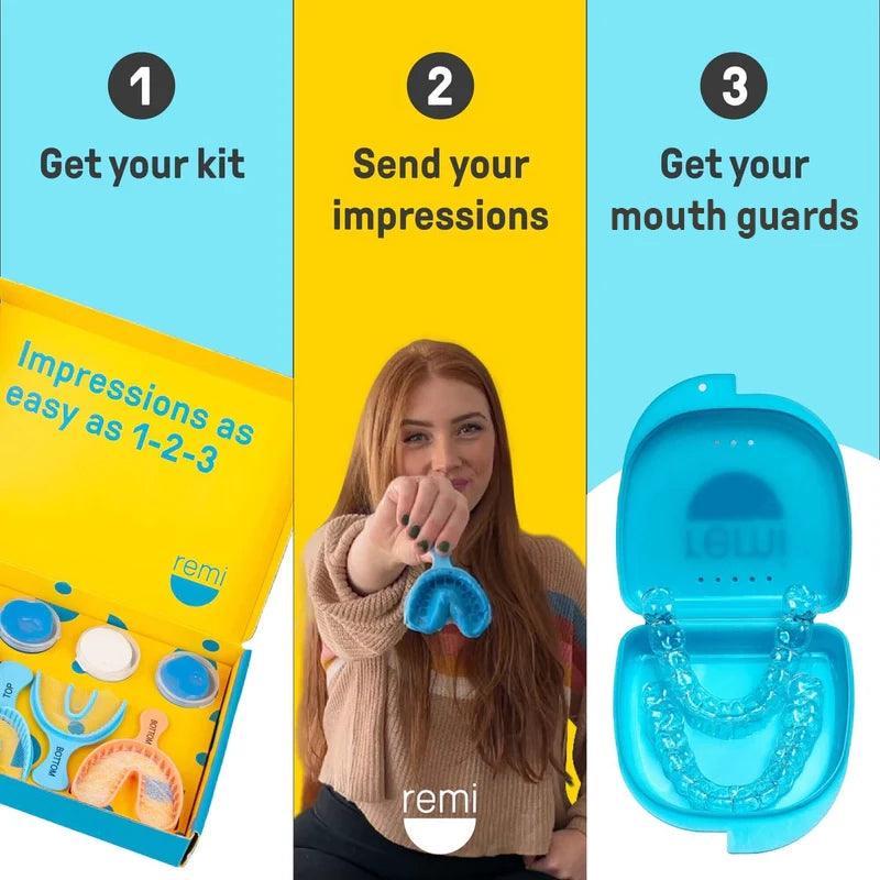 Three-step guide for Remi | Custom Mouth Guards: 1) Get your kit, 2) Send your impressions, and 3) Receive your dental-grade mouth guards. A woman holds a dental impression tray and shows the mouth guards in a blue case, perfect for teeth grinding protection.