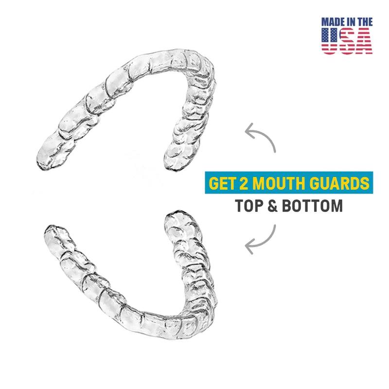 Image of two transparent, dental-grade Remi | Custom Mouth Guards for top and bottom teeth with the text "GET 2 CUSTOM REMI MOUTH GUARDS TOP & BOTTOM" and "MADE IN THE USA" in the top right corner.