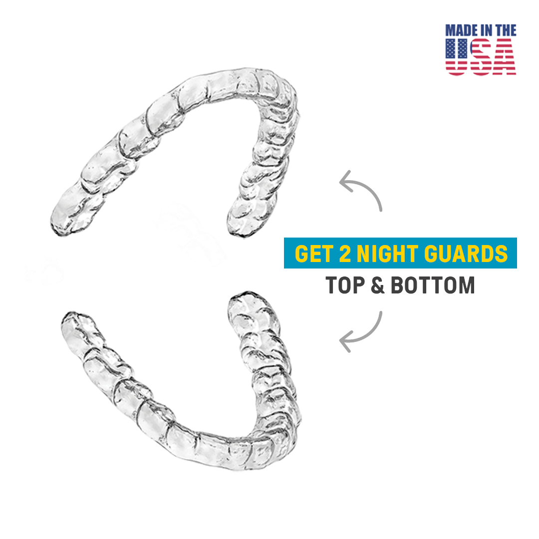Image showcasing two Custom Night Guards crafted with dental-grade quality, designed for both the top and bottom teeth to help prevent teeth grinding. Text highlights &quot;Get 2 Custom Night Guards - Top &amp; Bottom&quot; and &quot;Made in the USA.