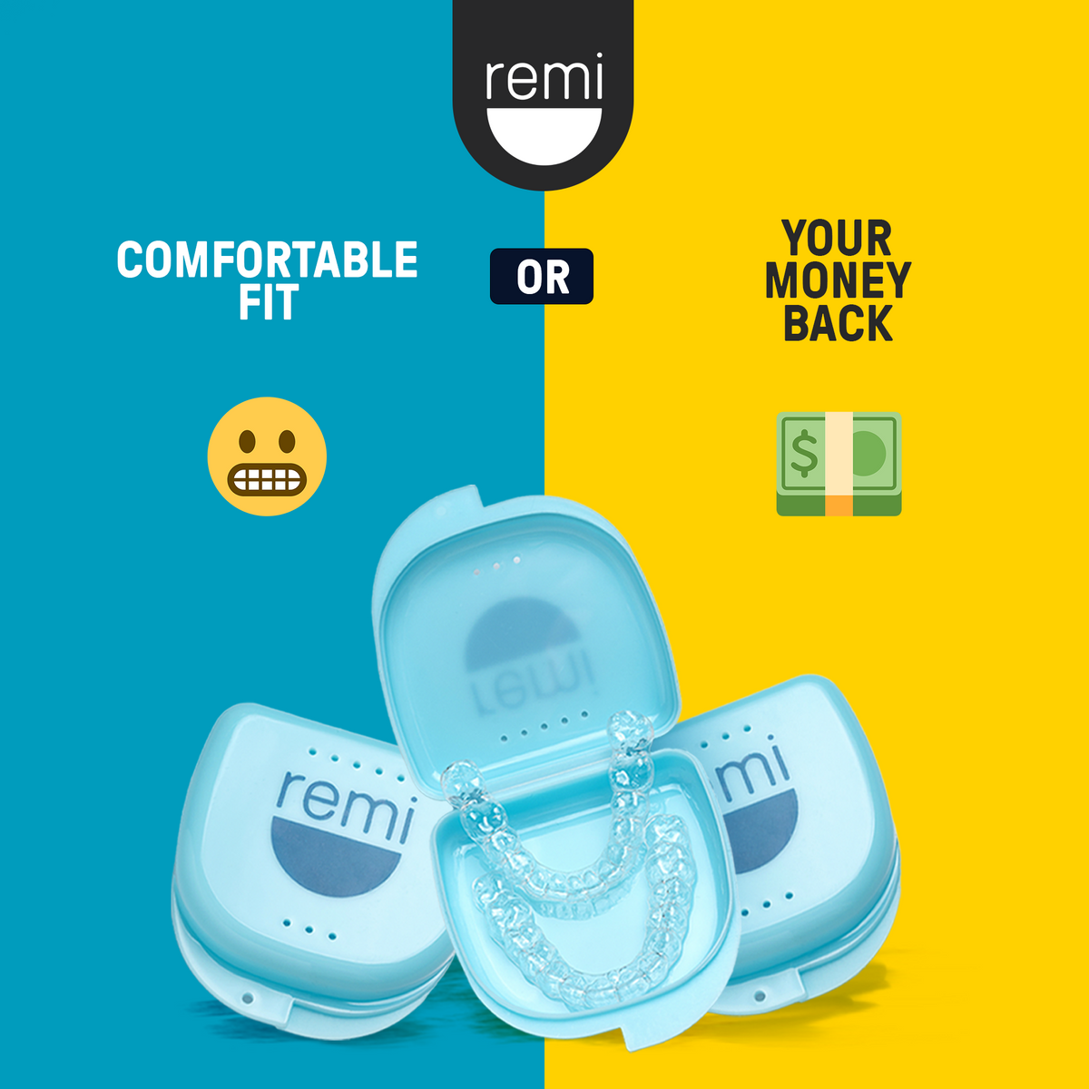 A Custom Night Guards dental guard case with a visible dental guard is positioned against a background split between blue and yellow. Text reads, &quot;Comfortable Fit&quot; with a smiley face emoji and &quot;Your Money Back&quot; with a money emoji. Perfect for night guards made to prevent teeth grinding, ensuring dental-grade quality.