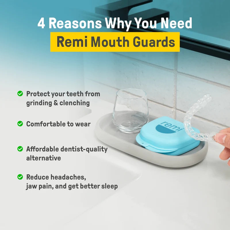 A product image of Remi - Custom Mouth Guards on a bathroom counter with text outlining their benefits: protection from teeth grinding, exceptional comfort, budget-friendly, and alleviating headaches, jaw pain while also enhancing sleep quality.