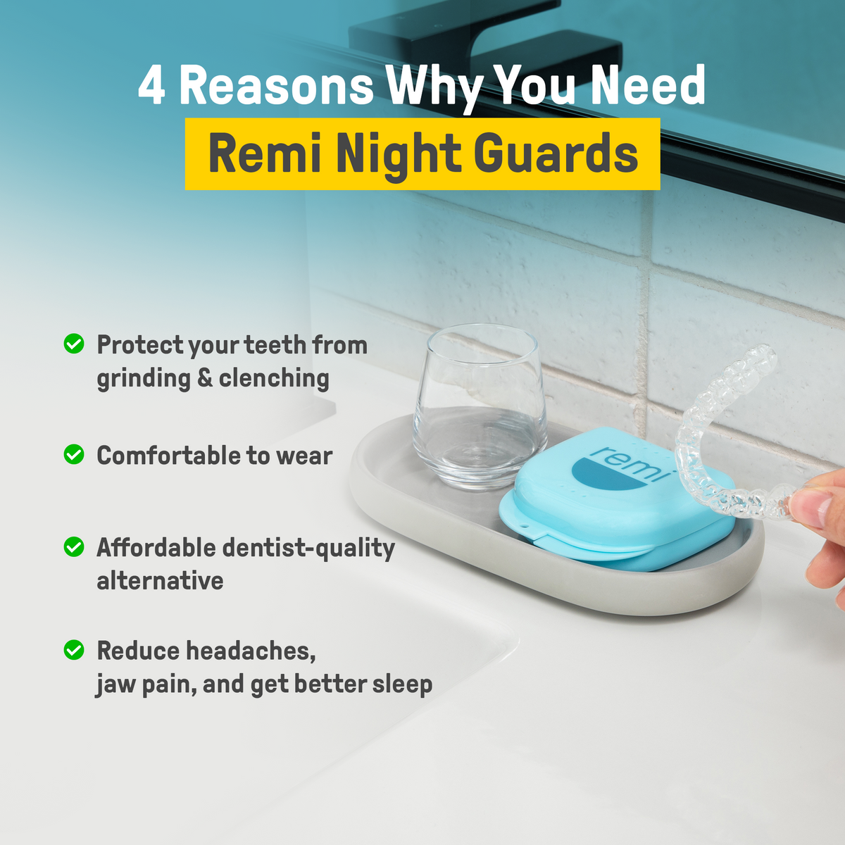 A dental-grade quality night guard is taken out of its teal and white case, placed next to an infographic explaining four benefits of using Custom Night Guards.