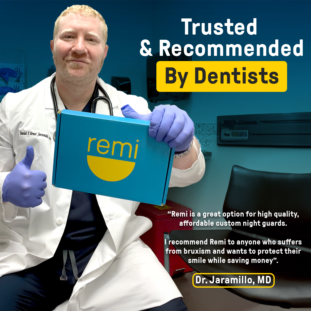 A man wearing scrubs and surgical gloves holds a blue box with the &quot;remi&quot; logo, text overlay reads &quot;trusted and recommended by dentists for dental-grade quality Custom Night Guards.