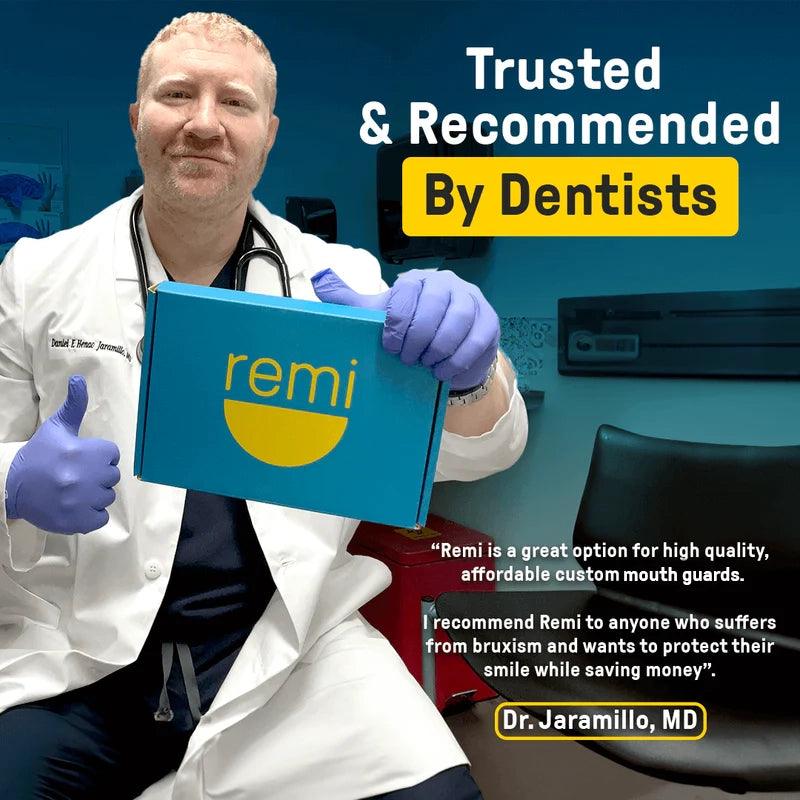 A dentist wearing gloves and a lab coat holds a blue Remi box. Text reads, "Trusted & Recommended By Dentists." Dr. Jaramillo endorses Remi Custom Mouth Guards for teeth grinding and saving money.