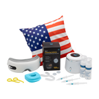 A collection of dental care products, including teeth whitening essentials, an eye mask, cleaning tablets, mouth trays, syringes, two spray bottles, a blue case, yellow tweezers, and a pillow with an American flag design.
