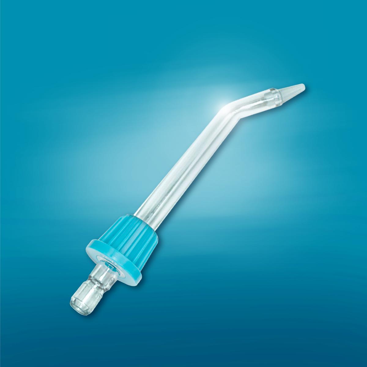 Curved glass pipette with a blue rubber bulb on a blue background.