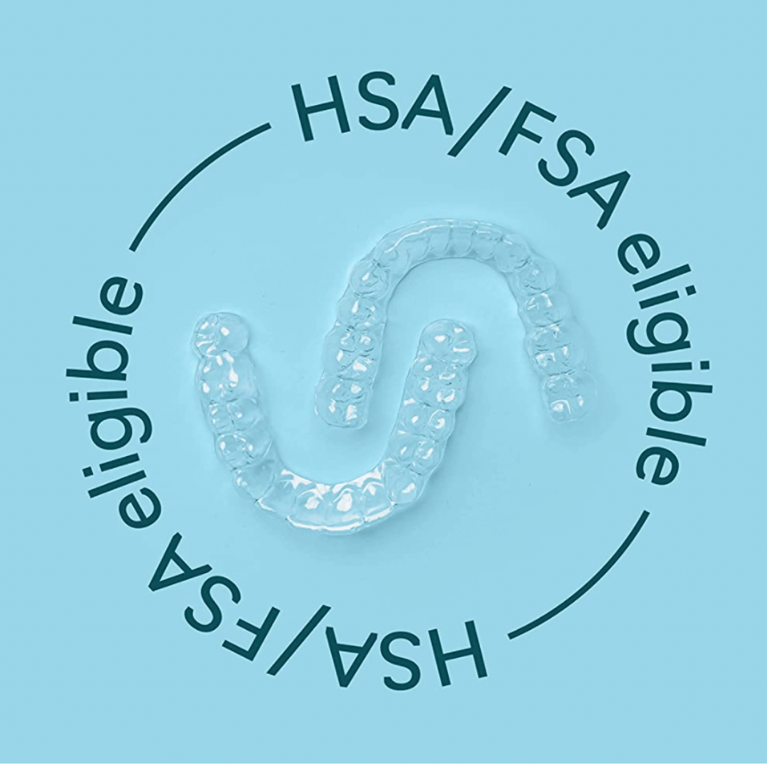 Clear dental aligner on a blue background with "hsa/fsa eligible" text in a circular layout.