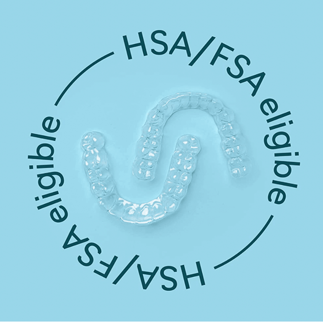 Custom mouth guards from Remi featuring "HSA/FSA eligible" in a circular design on a light blue background, similar to dental-grade clear aligners.