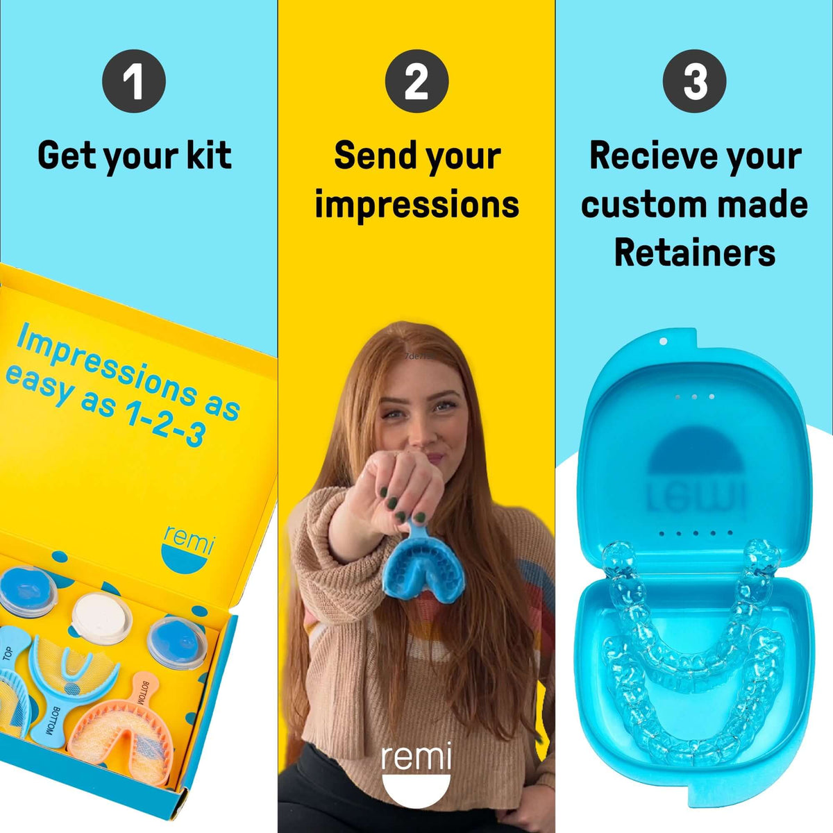 A girl is showing how to use the Custom Clear Removable Retainers teeth whitening kit.