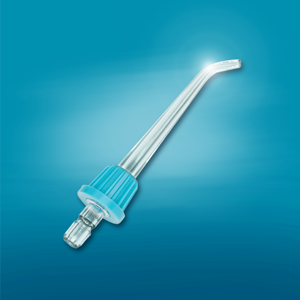 A nasopharyngeal airway device on a blue background.