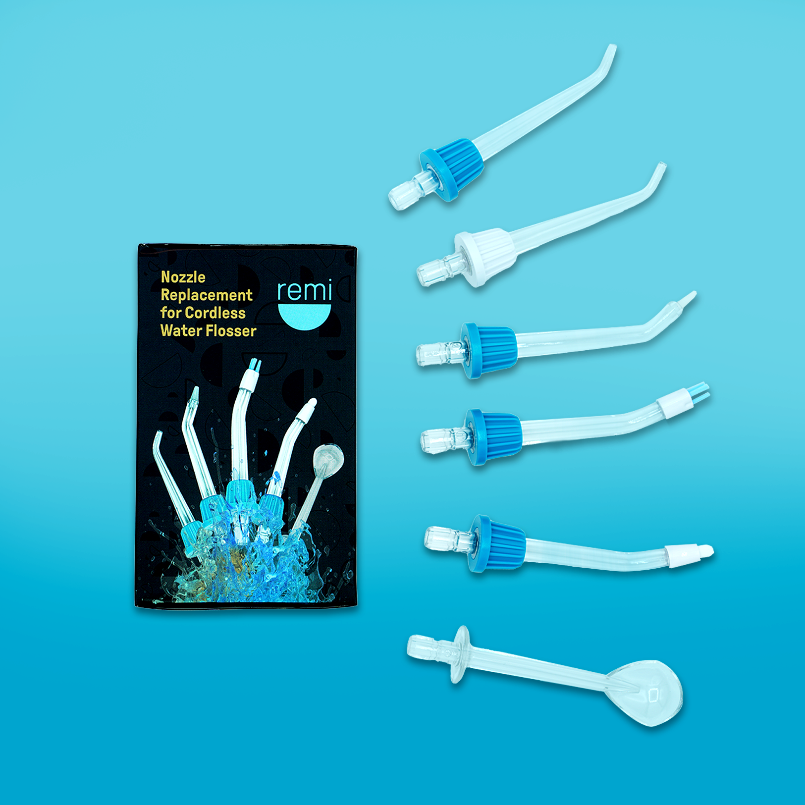 Experience the ultimate cleaning with a set of dental tools featuring Replacement Nozzles for Cordless Water Flosser for plaque removal, all against a serene blue background.