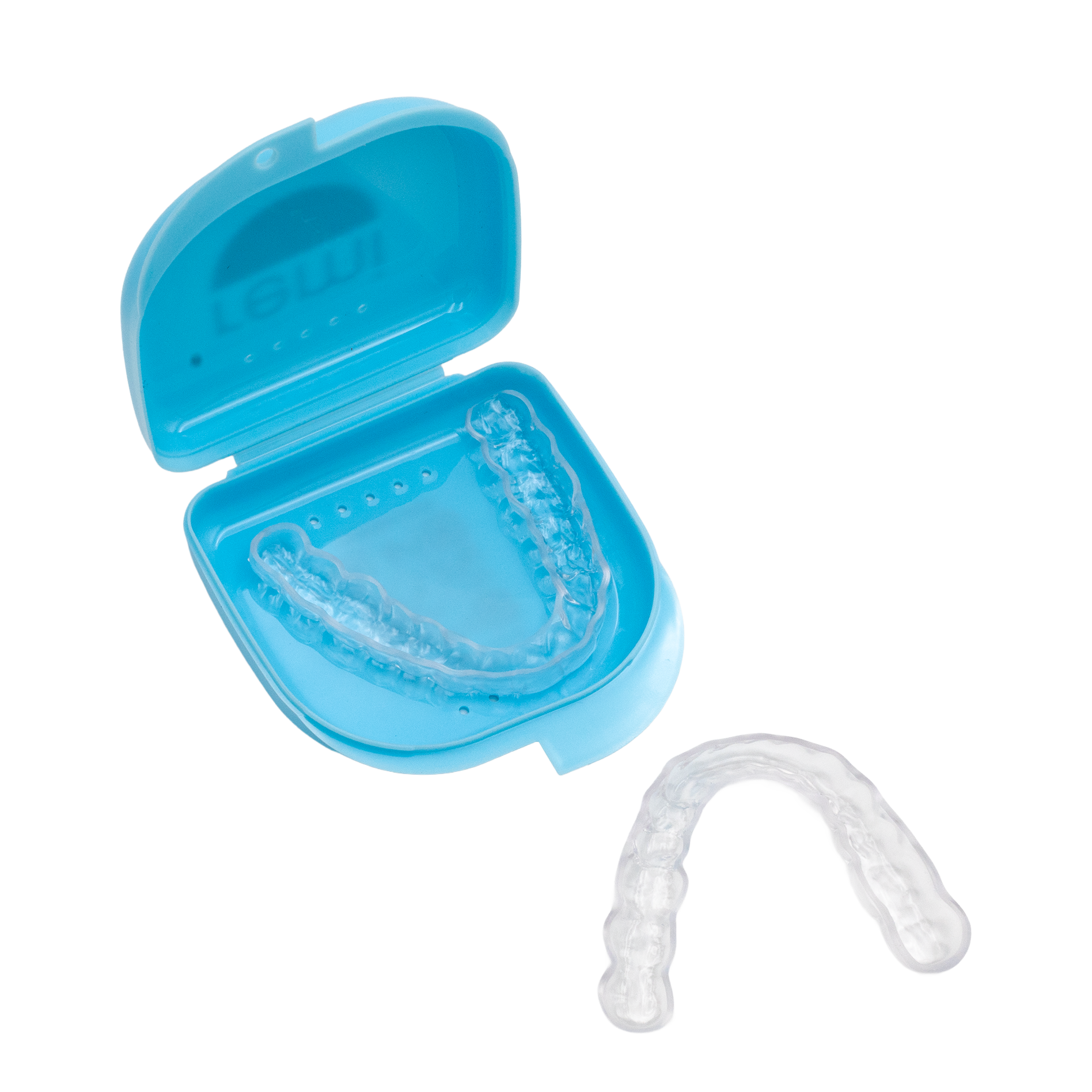 A clear dental aligner case, with one aligner inside and one placed outside, is shown on a white background. The blue open case displays transparent orthodontic aligners, similar in appearance to a custom night guard used to prevent teeth grinding.