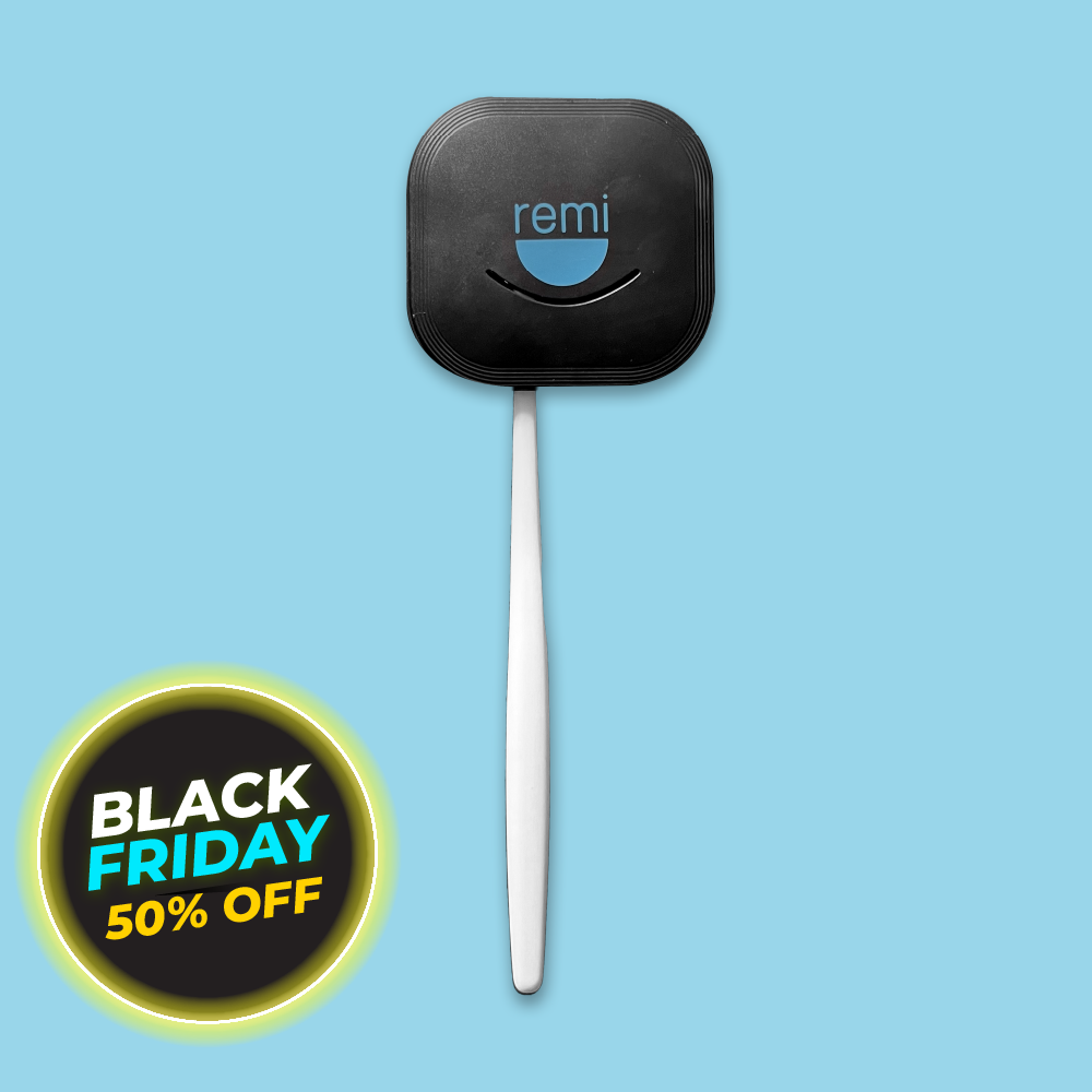 Introducing the UV Toothbrush Sanitizer: a sleek toothbrush featuring a black square logo on a blue background with a "Black Friday 50% Off" circular label. Equipped with UV-C light to eliminate bacteria, it offers sanitized efficiency right at your fingertips.