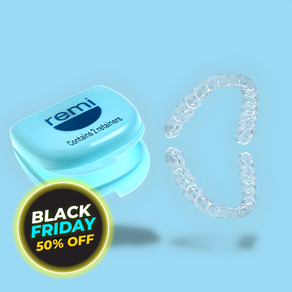 A set of Custom Clear Removable Retainers and a blue case featuring the "remi" brand is depicted. A circular label highlights "Black Friday 50% Off." Seize this chance to save on retainers and experience their comfortable fit, making it an excellent investment for your braces journey.