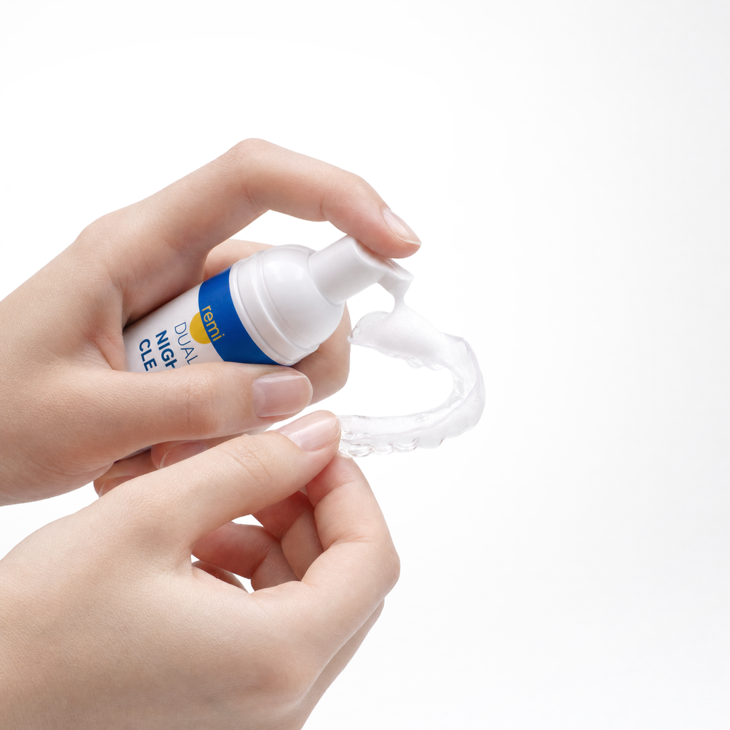 A person dispenses clear foam tray cleaning solution from a white and blue bottle onto a transparent dental retainer, holding both items against a plain white background.