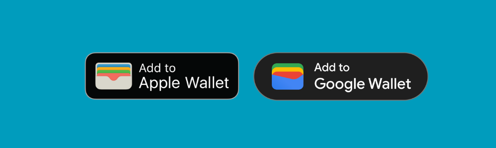 Two digital wallet buttons for adding a card to apple wallet and google wallet.