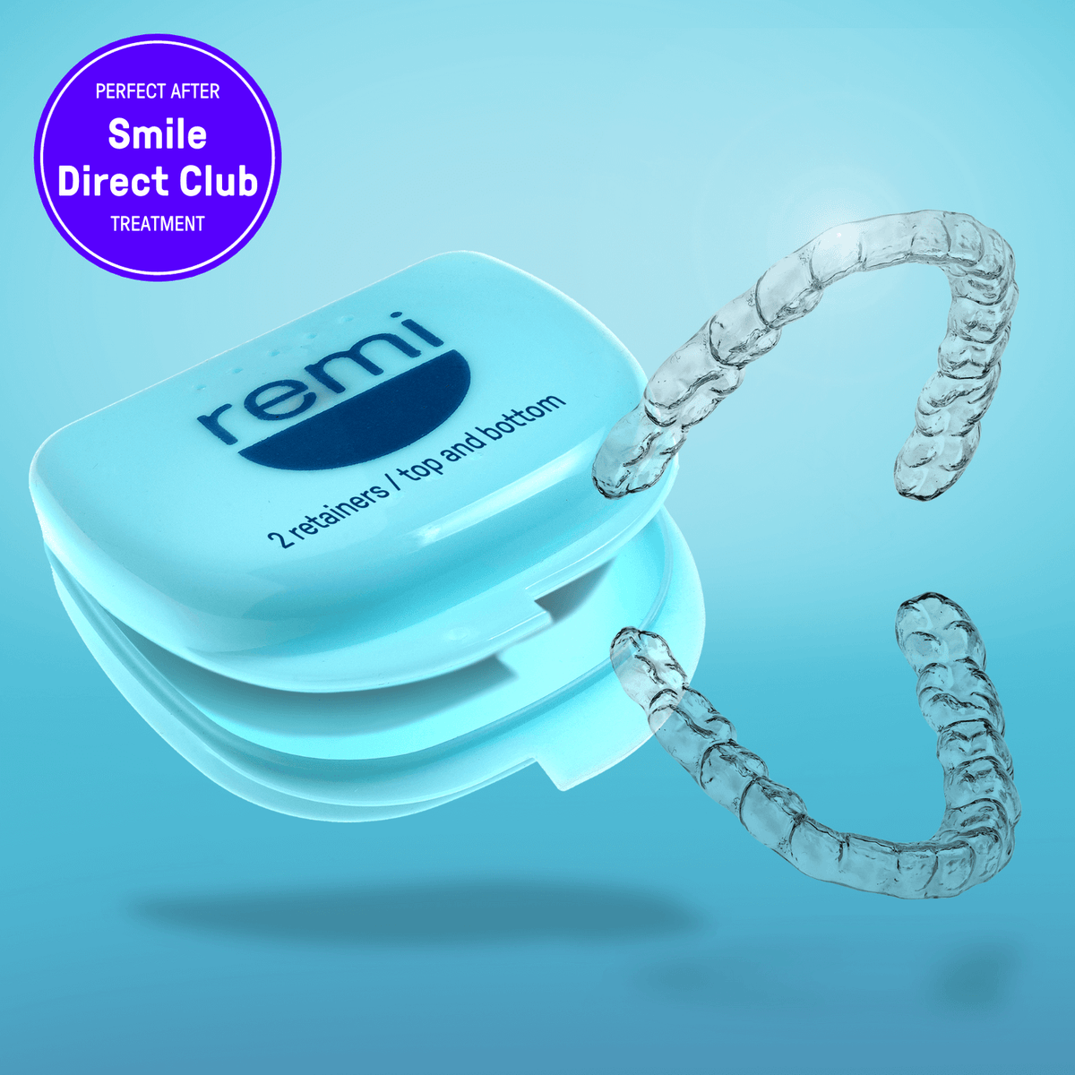 A blue background with a Custom Clear Removable Retainers logo on it, offering savings up to 85% on braces/aligners and retainers.