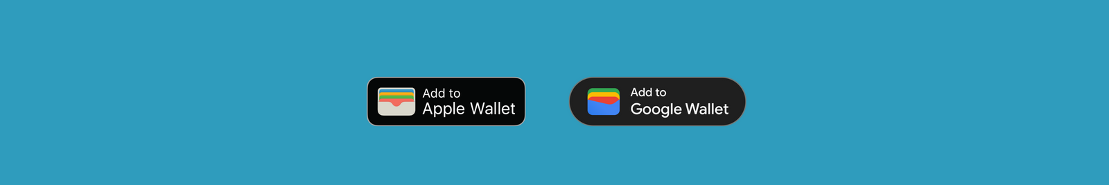 Two buttons for adding payment options to apple wallet and google wallet against a blue background.