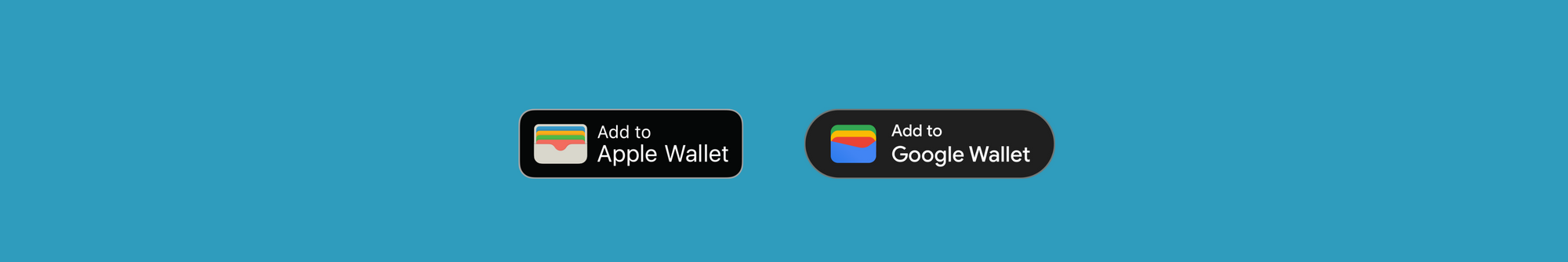 Two buttons for adding payment options to apple wallet and google wallet against a blue background.
