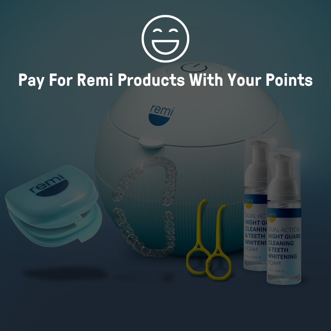 Dental care products including a custom night guard, cleaning foam, and a case, with text promoting payment with points for remi products.