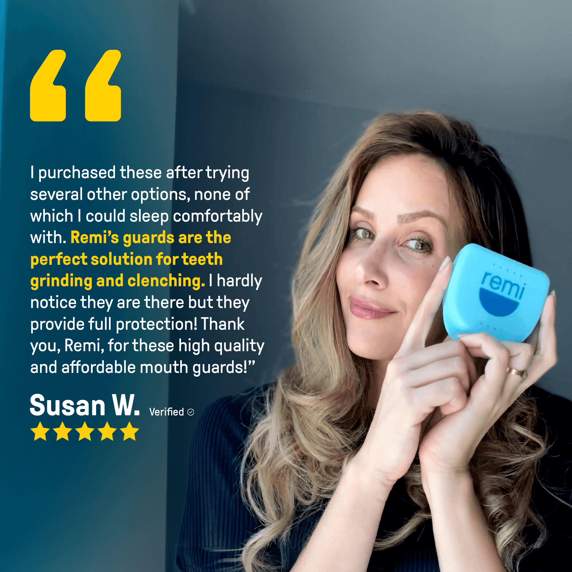 A woman with long hair, smiling and giving a thumbs up, holds a blue Remi case. The image features a positive product review from Susan W. about Remi's dental-grade custom mouth guards.