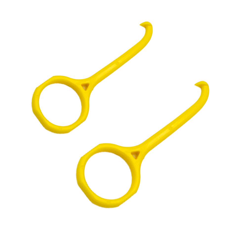 Two yellow plastic tools with circular handles and hooked ends, designed for dentist-quality oral care, are displayed on a plain white background. Perfect for maintaining your Custom Night Guard and ensuring teeth grinding protection.