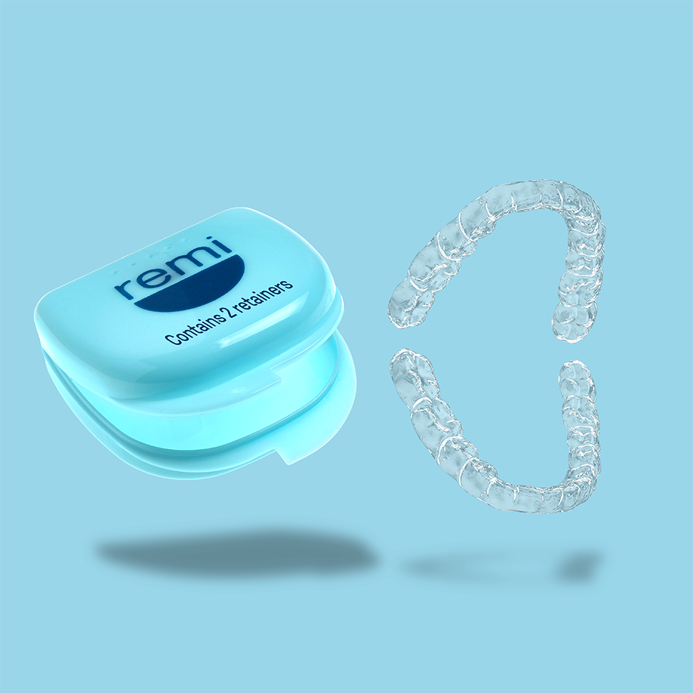 The Complete Care Night Guard Bundle, featuring two transparent dental retainers and a night guard, is displayed next to a light blue case labeled "remi" against a light blue background.