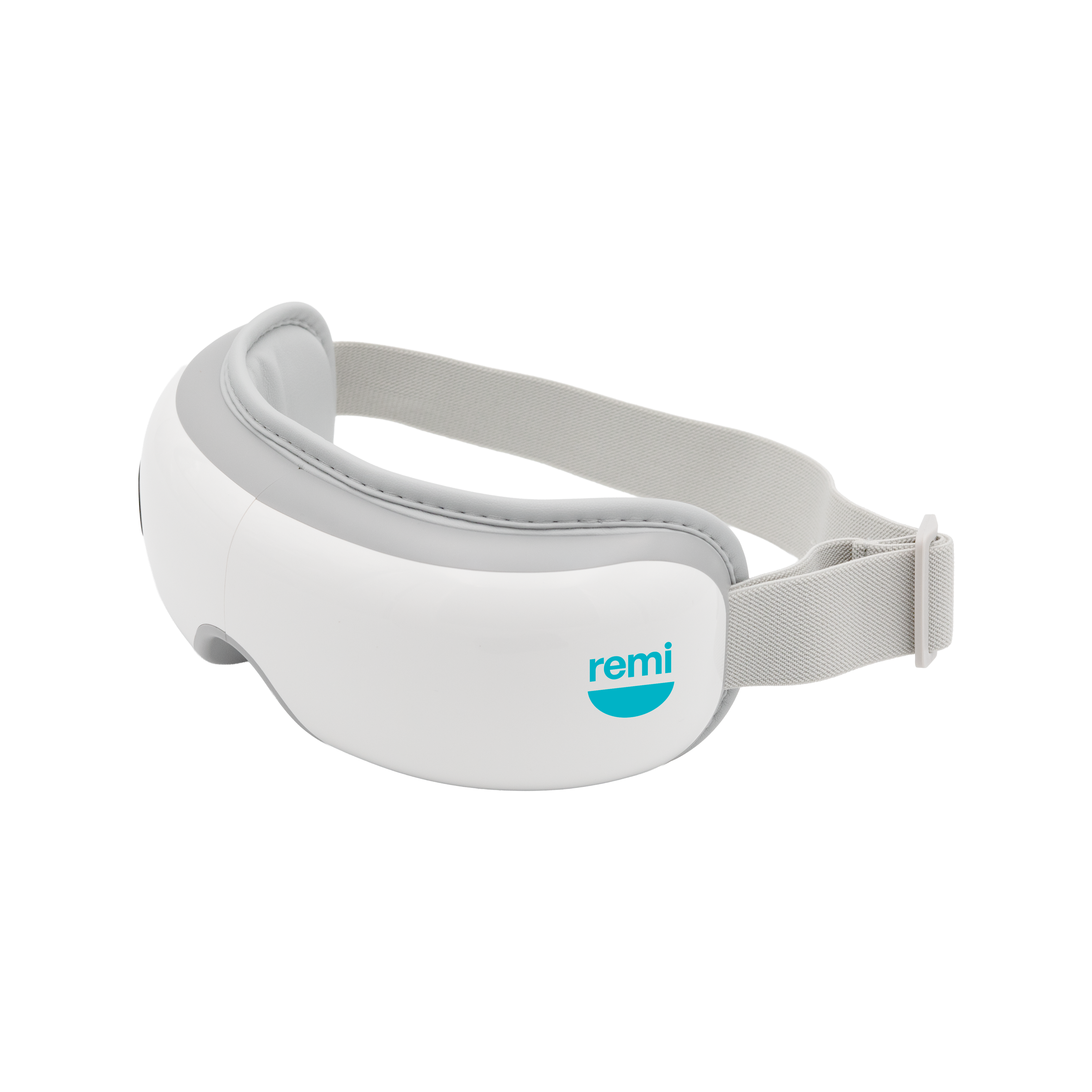 White and gray eye massager with an adjustable strap and a turquoise remi logo on the side, displayed on a plain white background—perfect to use while waiting for your custom night guard or teeth whitening session.