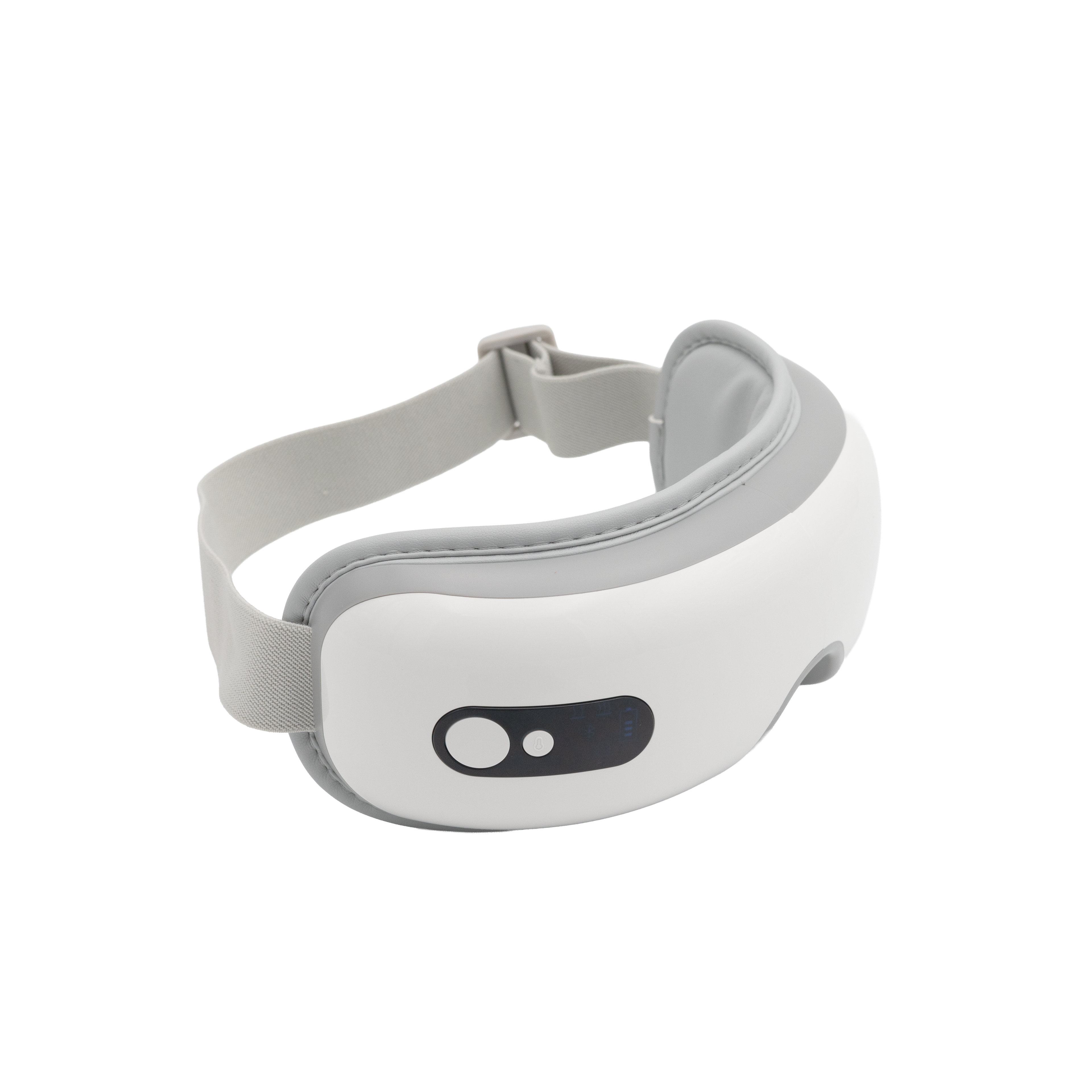 A white and gray electronic eye massager with an adjustable strap and a black control panel featuring two buttons, set against a plain white background—perfect for relaxing after using your ultrasonic cleaner or custom night guard.