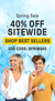 Promotional banner for a spring sale offering 40% off sitewide with two happy customers and a discount code "spring40".