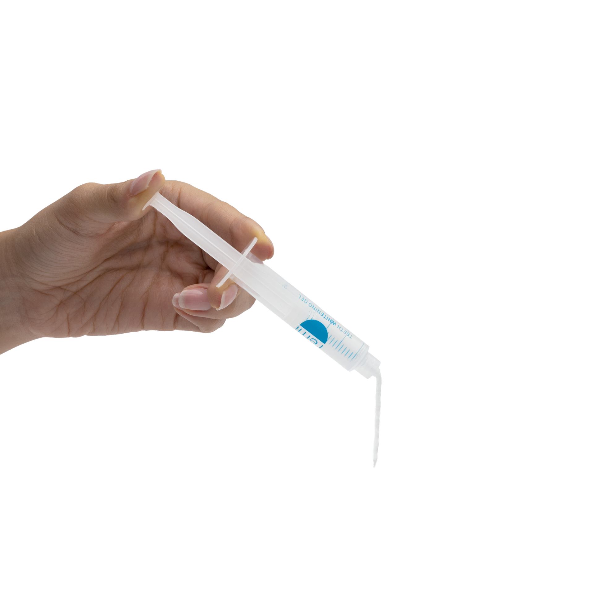 Hand holding a Remi teeth whitening gel syringe
