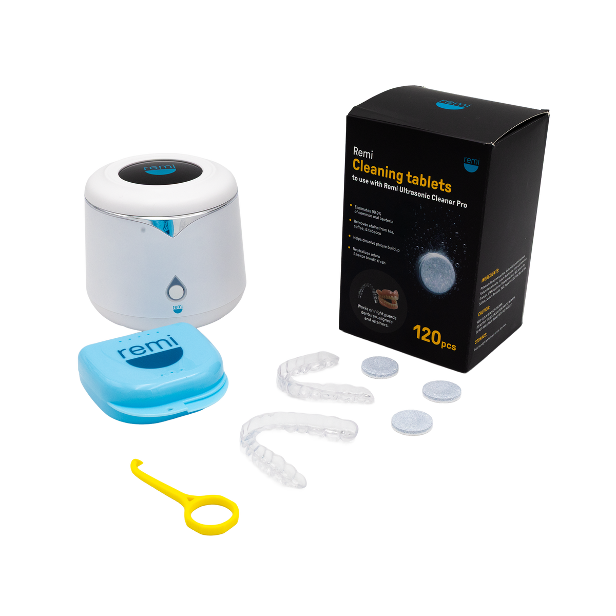 Remi Essentials Bundle: ultrasonic cleaner, night guards, case, and removal tool