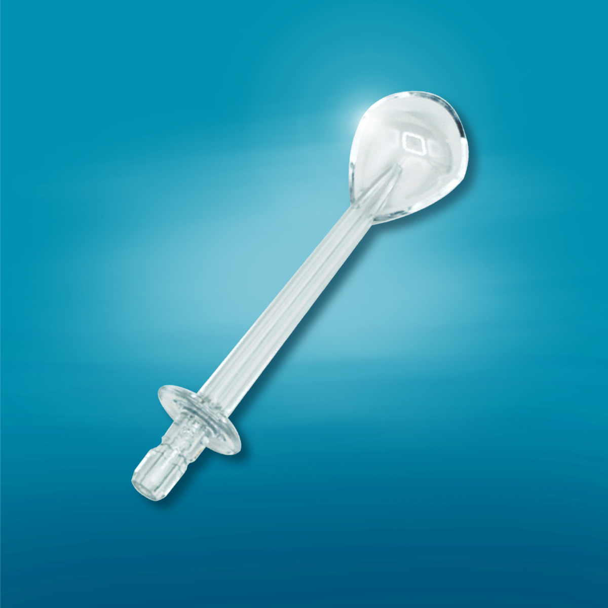 A clear plastic disposable spoon against a blue background.