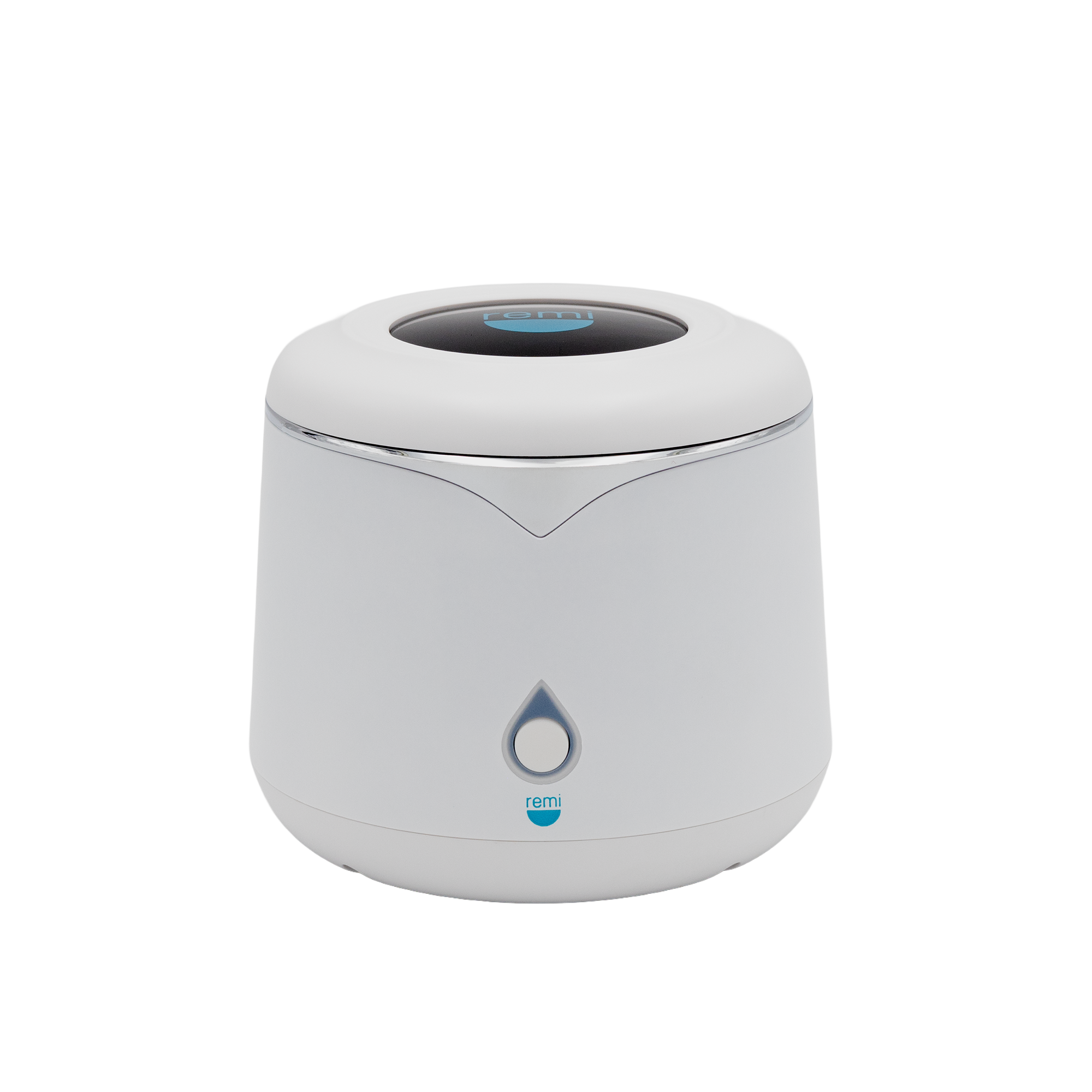 A compact, white, cylindrical electronic device with a rounded top, a silver accent around the lid, and a blue water droplet symbol on the front. The device sits on a plain white background.