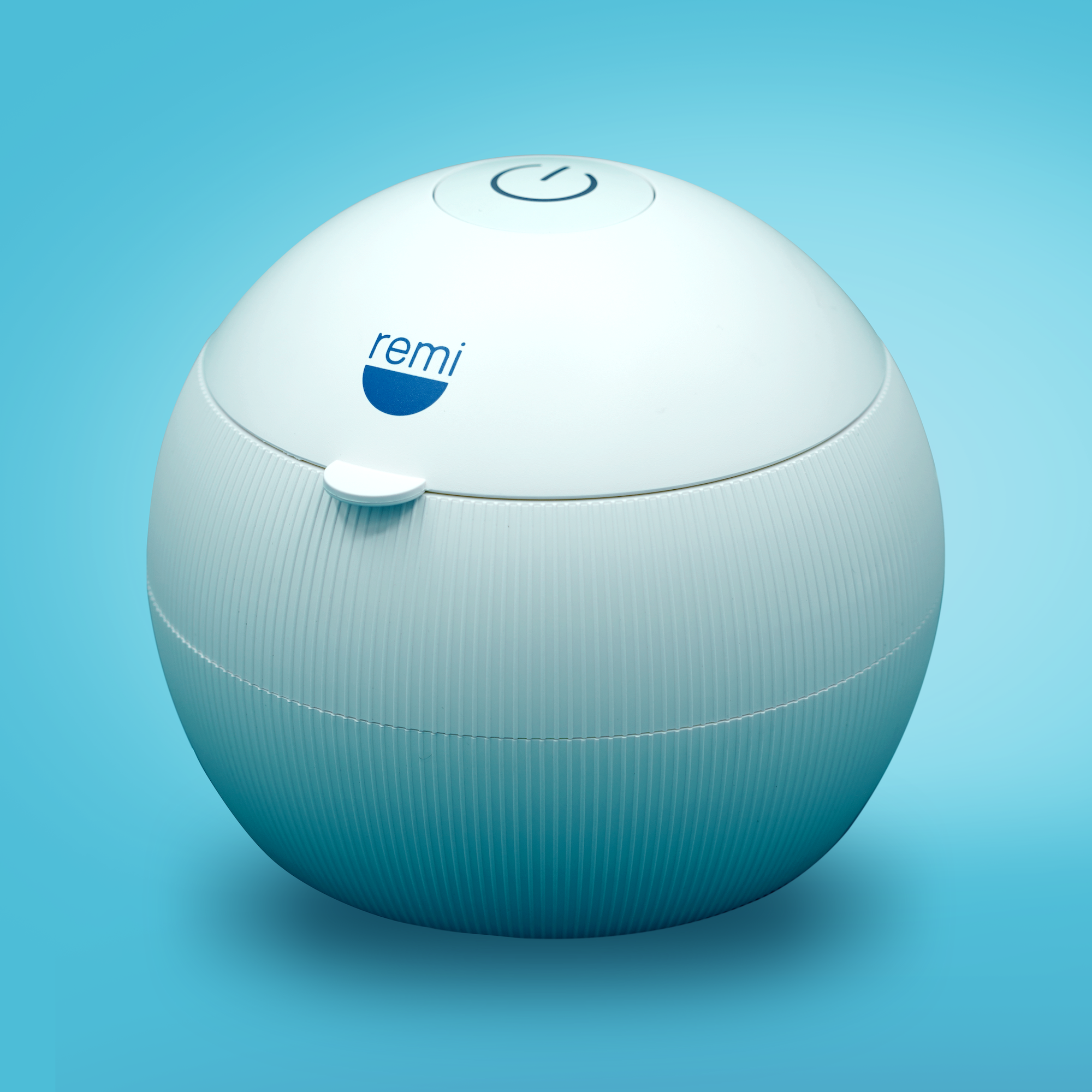 A blue and white spherical device with the label "remi" and a power symbol on top.