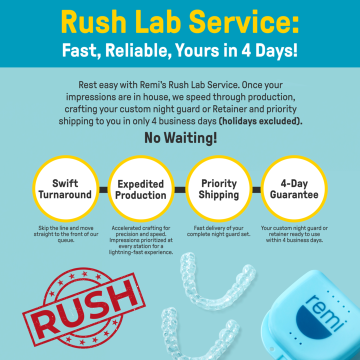 A logo depicting a delivery truck with a clock symbolizing quick delivery service, accompanied by the text "Rush Lab Service: Fast, Reliable, Yours in 4 Days!".
