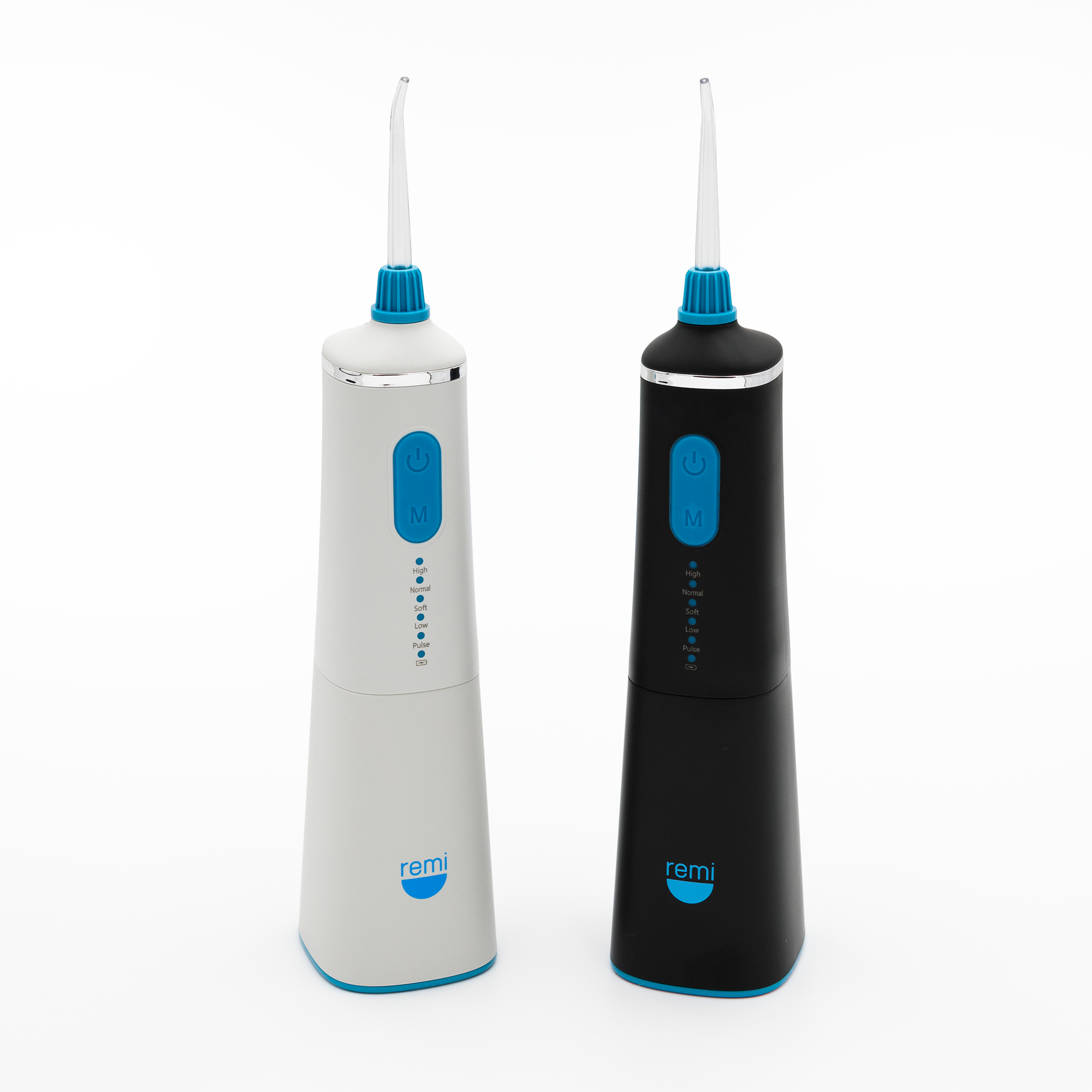 Two cordless water flossers, one white and one black, both with blue buttons and tips, stand upright side by side on a white background. The brand name remi is visible near the base of each plaque remover flosser.