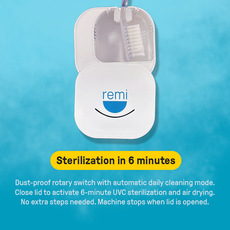 Portable UV Toothbrush Sanitizer with open lid displaying technology for a 6-minute cleaning cycle, highlighted by the brand &quot;remi&quot; and a slogan for quick sterilization, designed to kill bacteria.