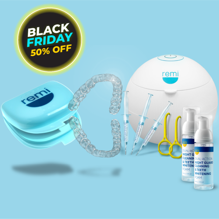 Introducing the Remi Club Super Bundle: an essential dental care kit for teeth grinders! This bundle includes night guards, whitening syringes, foam bottles, an aligner case, and a UV sanitizer. Don't miss out on your all-in-one oral care solution this Black Friday—available at 50% off against a light blue background.