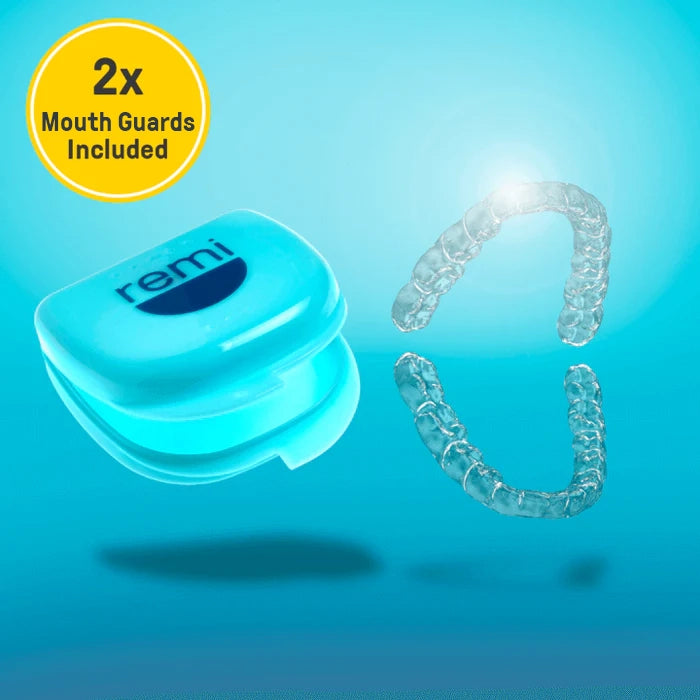 Two custom Remi mouth guards come with a light blue case labeled "remi." The overlay text states "2x Custom Mouth Guards Included," making them ideal for protecting against teeth grinding.