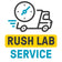 A logo depicting a delivery truck with a clock symbolizing quick delivery service, accompanied by the text "Rush Lab Service: Fast, Reliable, Yours in 4 Days!".